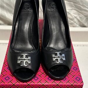 Tory Burch Laura Black Open Toe Wedge with Silver TB Logo